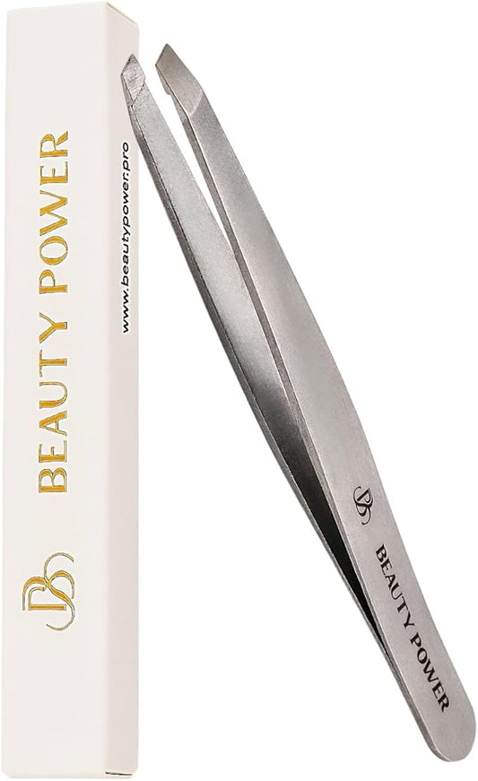 Professional Precision Slant Tweezers for Women Facial Hair - Tweezers for Men & Women, Eyebrow Tweezer for Ingrown Hair Blackhead & Splinter Removal - Grey