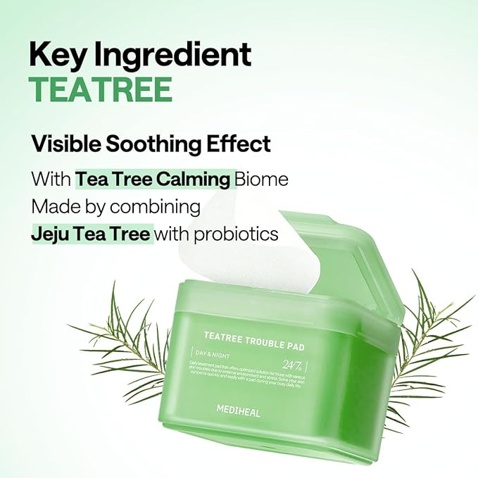 MEDIHEAL Toner Pads [Teatree] - Trouble Care Toner Pad with Teatree & Lactobacillus - Calming & Soothing for Sensitive & Acne Prone Skin - Vegan Hypoallergenic Face Gauze (100 Count)