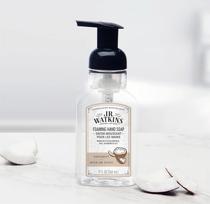 J.R. Watkins Foaming Hand Soap Pump with Dispenser, Moisturizing Hand Soap Foam, Alcohol-Free and Cruelty-Free, Use for Kitchen or Bathroom, Coconut, 9 fl oz, 3 Pack