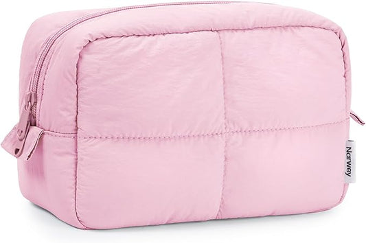 Narwey Puffy Makeup Bag for Travel Women Girl, Quilted Makeup Bag Cosmetic Bag, Cute Puffer Make Up Organizer Bags, Travel Toiletry Bag Toiletries (Pink)