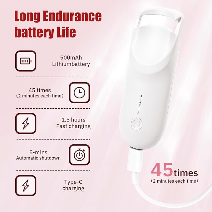 Upgrade Heated Eyelash Curler, Electric Eyelash Curler with 5s Fast Heating, Type-C Rechargeable, Portable Lash Curler, Long-Lasting Lash Lift, Natural Style, Heat-Sensitive Pad (White)