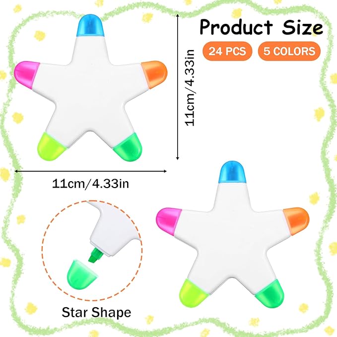 24-Pack Star Highlighter Set: Multi Highlighter in One Pen with 5 Colors, Multicolor Highlighters All in One Bulk Pack – Assorted Colors Office & Paint Supplies (4.33, PP Plastic, Chisel Tip)