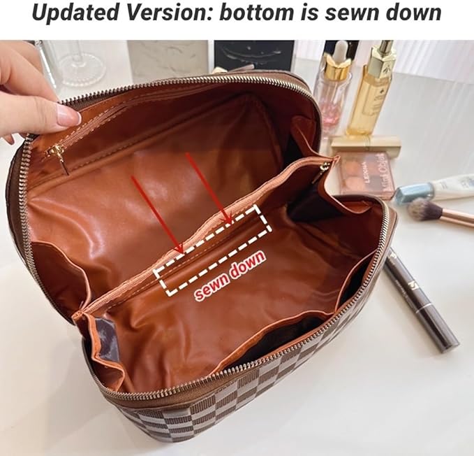 Large Capacity Checkered Makeup Bags Portable Travel Cosmetic Bags Open-Flat Toiletry Waterproof Bag for Women Girls Make up Organizer with Divider and Handle Pouch Zipper Bag (A-Black)