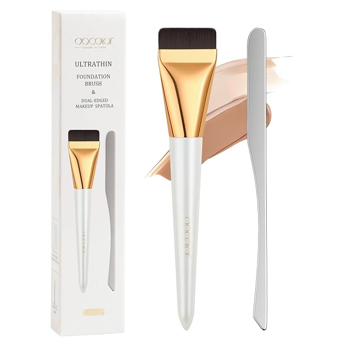 docolor Flat Foundation Brush and Makeup Spatula Set, Thin Liquid Foundation Brushes Dual Edged Spatula Brush Makeup Korean Foundation Brush for Blending, Cream, Thin Makeup Brush &Make Up Spatula