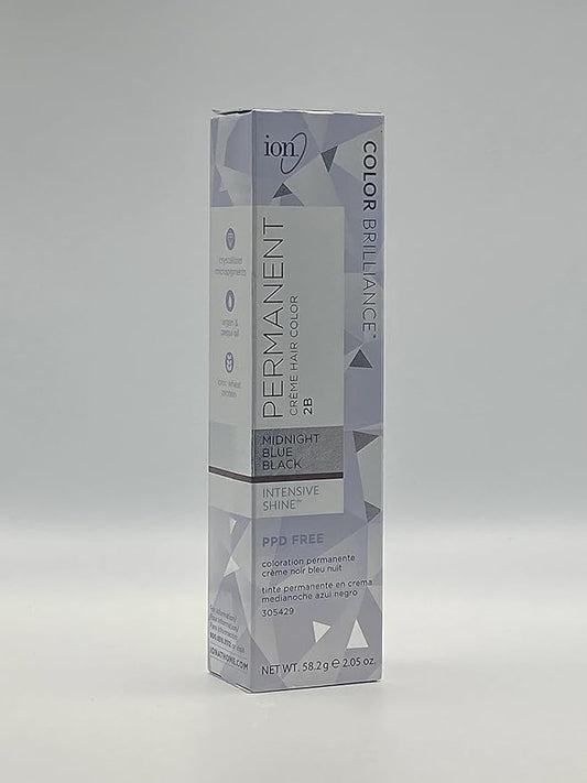 Ion Permanent Creme Hair Color 2B Midnight Blue Black, Vegan, Cruelty Free, PPD Free, 100% Gray Coverage, Long Lasting, Fade Resistant Color, 2.05 oz