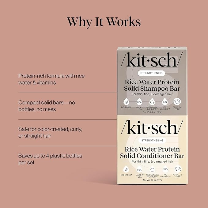 Kitsch Rice Water Shampoo & Conditioner Set – Solid Shampoo & Conditioner Bar with Protein for Hair Growth, Strengthening Hair & Damage Repair – Paraben, Sulfate & Silicone Free – 2 Pack