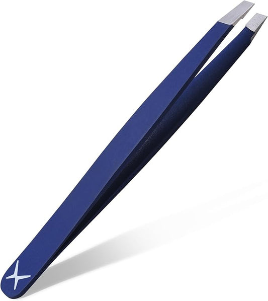 Slanted Stainless Steel Tweezers for Men & Women - Precision Eyebrow Tweezers for Facial Hairs, Strong Grip, Fine Tip, Professional Tweezer for Plucking & Grooming (Midnight Blue)