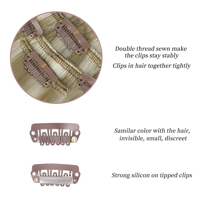 14 Inch Clip-in Hair Extensions Remy Human Hair for Women - Soft Handmade Real Human Hair Clip in Extensions, Straight, Thick, 115g 7pcs Ash Blonde Highlighted Platinum Blonde #17A-60A Color