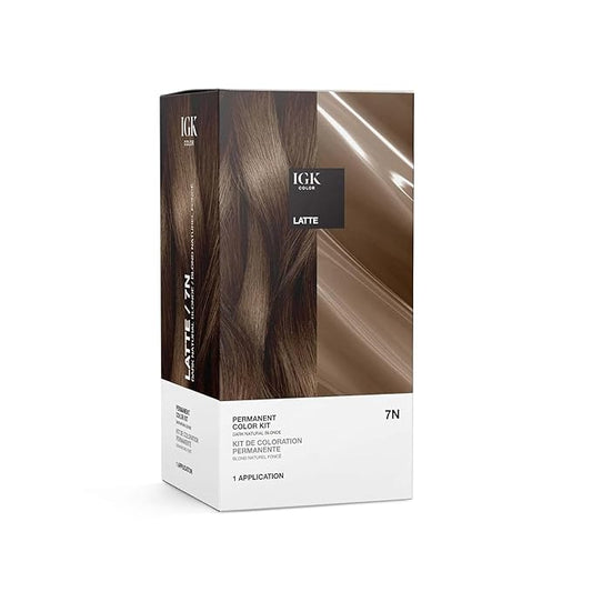 IGK Permanent Hair Dye Color Kit | 7 N Latte - Dark Natural Brown | 100% Gray Color Coverage + Strengthen + Shine | Ammonia Free