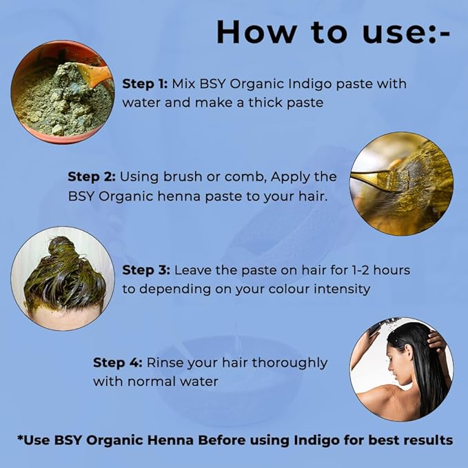 BSY Organic Indigo Powder - 100% Natural Indigofera Tinctoria (Indigo), Triple Sifted Avuri Leaf Powder for Hair Coloring - 227g / 0.5 LB