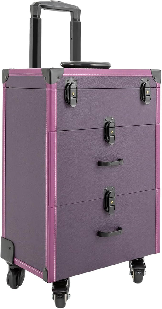 Makeup Train Case, Rolling Makeup Trolley Case, 3 Tiers Lockable Nail Polish Organizer with 2 Keys 4 Wheels (2 with Brakes) for Travel Makeup Artists Nail Technicians (Purple Case, Black Lock)