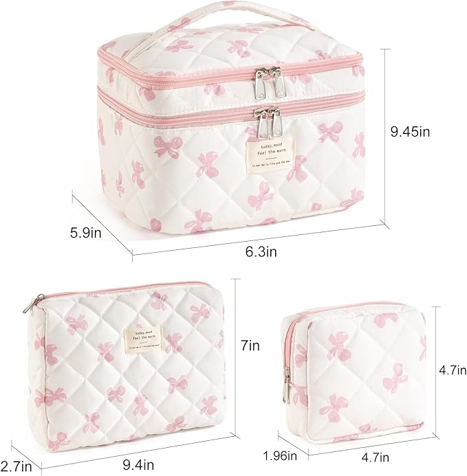 Large Makeup Bag for Women 3PCS Quilted Cotton Make Up Bag Travel Cosmetic Bag Large Makeup Bag Set Cute Bow Makeup Organizer Floral Toiletry Bag Makeup Pouch for Purse, Bow A