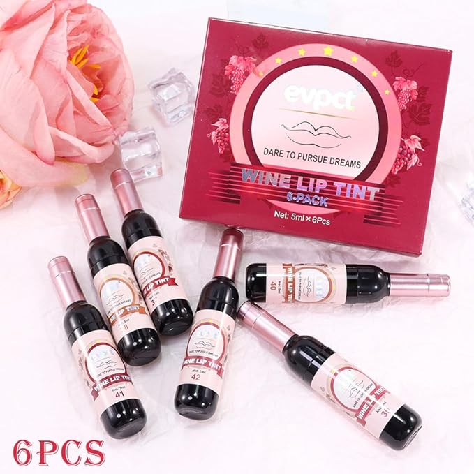 evpct Wine Bottle Lip Tint Stain 6 Colors Set Rose Red Chestnut Nude Brown Dark Plum Purple Matte Long Lasting 24 Hour Liquid Lipstick Set for Women labiales mate 24 horas originales labiales magicos