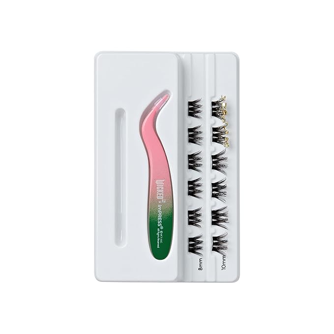 imPRESS X WICKED: FOR GOOD Press On Self Adhesive Eyelashes, ‘Fly…fly!’, 8mm-10mm Natural Volume Press On Lashes, Silver Glitter, 12 Lash Clusters & Non-Stick Mini Applicator