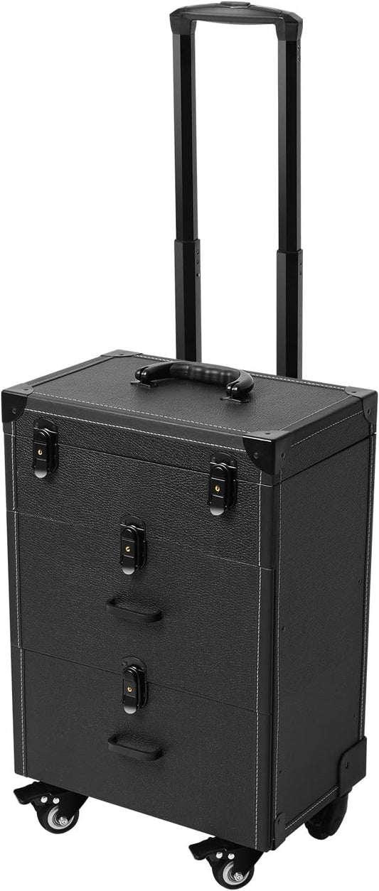 Makeup Train Case, Rolling Makeup Trolley Case, 3 Tiers Lockable Nail Polish Organizer with 2 Keys 4 Wheels (2 with Brakes) for Travel Makeup Artists Nail Technicians (Black Case, Black Lock)