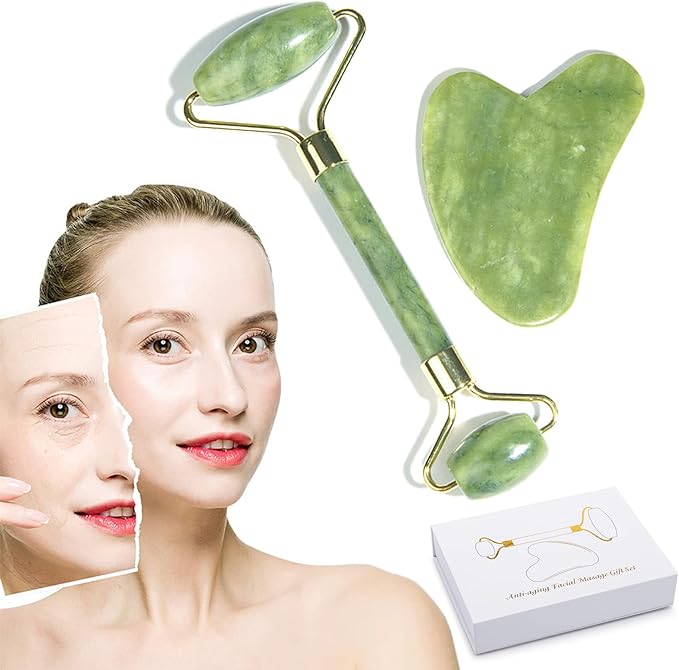 Jade Roller & Gua Sha Set，facial roller，Jade Roller Gua Sha Board Massage Tool Set，Facial Skin Care Roller Massager Muscle Relaxing Wrinkles Relief, Whole Body Relive Devices (green)