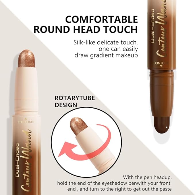 Black Cocoa + Bronzer Shimmer Contour Stick Dual Ended Face Body Makeup Waterproof no Transfer, 2 in 1 Cream Concealer Stick Contouring Makeup Kit, Nose Contour Bronzer Sticks Face Highlighter Make up