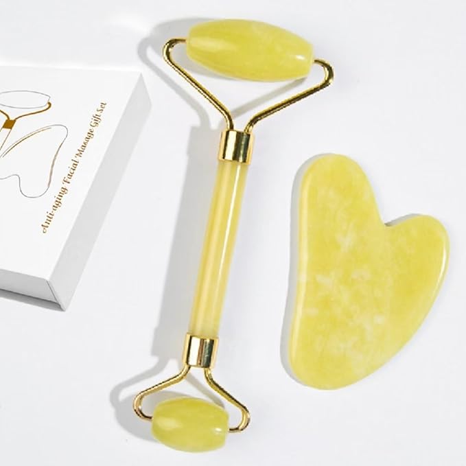 Natural Jade Roller & Gua Sha Set, Self Care Colorful Gift for Face Eye Neck Massager for Women Men, Jade Gua Sha Tool for Face for Skin Care, Improves Skin Tone-Beauty & Skincare (Green)