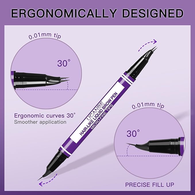 UCANBE Curved Eyebrow Pencils for Women with Spoolie Brush,Dual-Ended Eyebrow Pen with 2-Fork-Tip&Precise Brush-Tip,Microblading Brow Pen for Hair-Like Brows,Waterfool, Long Lasting,Black Brown