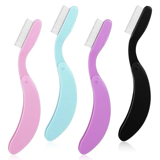 4Pcs Foldable Eyelash Comb, Stainless Steel Metal Teeth Lash Separator And Eyebrow Brush, Professional Makeup Tool For Clump Free Mascara And Brow Shaping Pink Black Purple Green