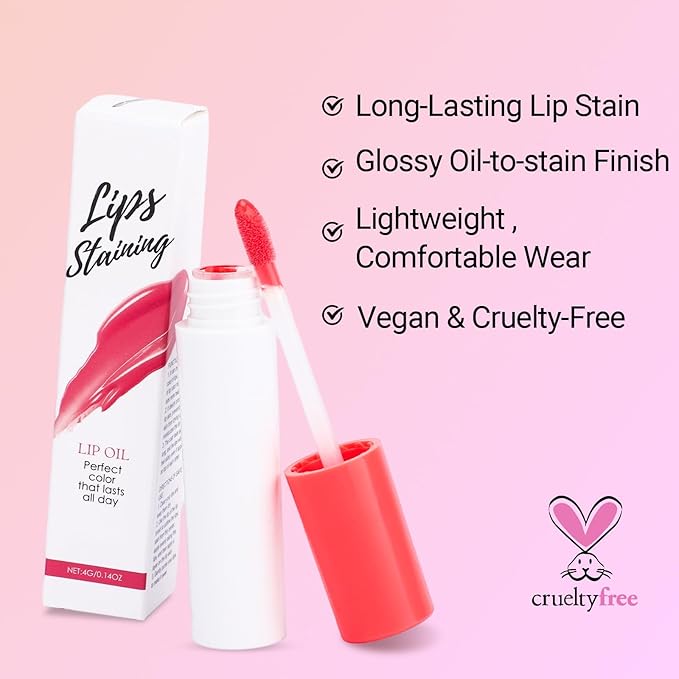 Erinde Lips Staining Lip Oil, Glossy Lip Stain, Long-Lasting Lightweight Lip Staining Oil, Moisturizing Plumping Hydrating Glossy Lip Tint, Vegan & Cruelty-Free, 08