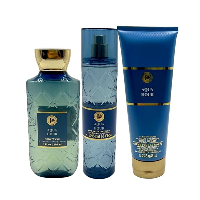 Bath & Body Works AQUA HOUR Fine Fragrance Mist, Ultimate Hydration Body Cream & Body Wash 3-piece Gift Set with a Red Bow for Holidays - Full Size