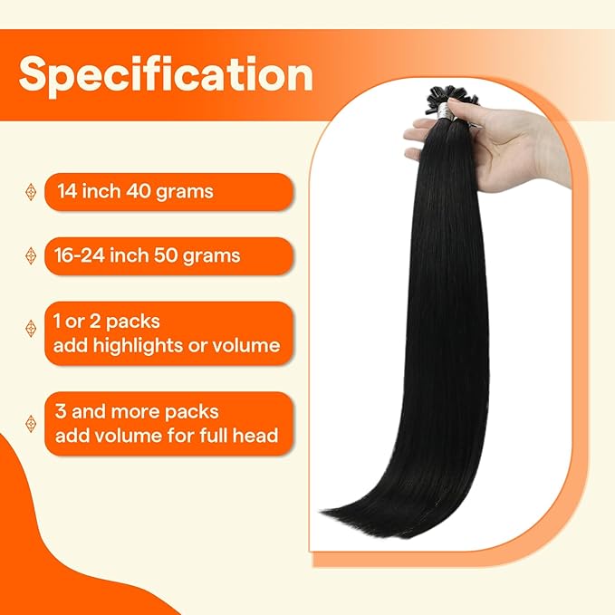 Full Shine U Tip Hair Extensions Human Hair Color 1 Jet Black 18 Inch 50 Grams K Tip Hair Extensions Real Human Hair Prebonded Fusion Extensions for Women