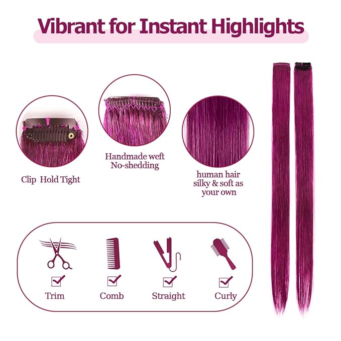 Winsky Purple-red Clip in Colored Hair Extensions 100% Real Human Hair - Straight Highlights Girls Clip on Hairpieces 5 Pieces/Set (18inch, Purple-red）