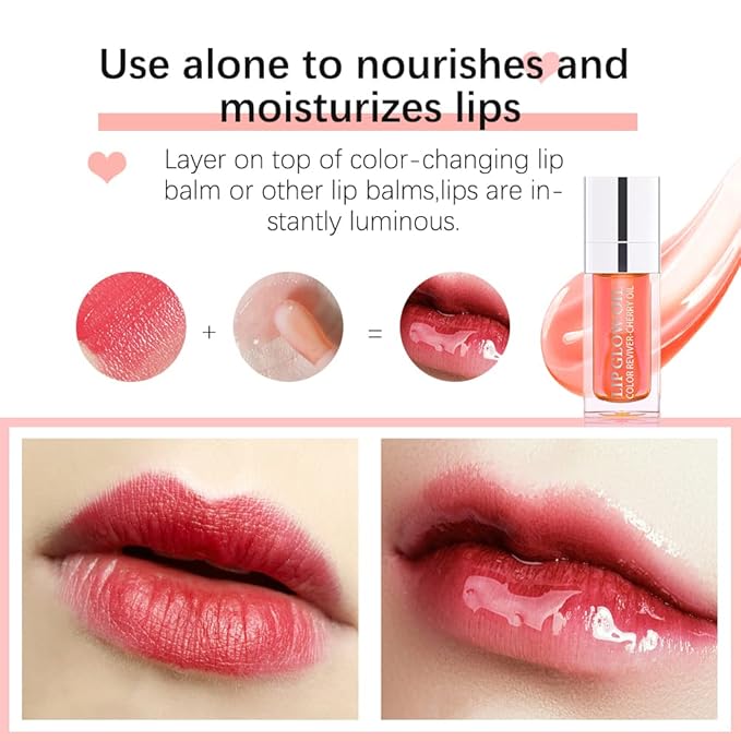 Hydrating Lip Glow Oil, Moisturizing Lip Gloss, Plumping Lip Oil, Non-Sticky Long Lasting Lip Oil Gloss, Transparent Lip Oil Tinted, Reduce lip lines (Cherry(#015))
