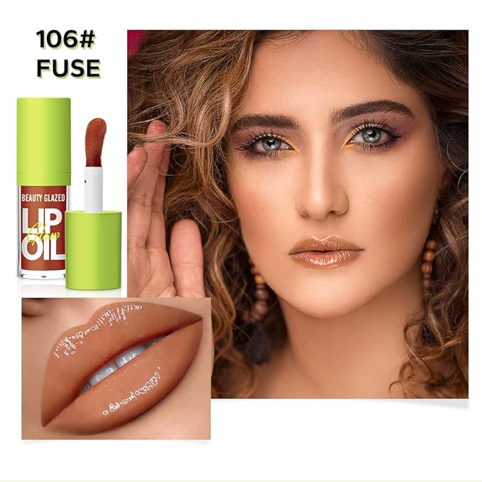 Beauty Glazed Big Brush Head Lip Oil, Ultra-Hydrating & Nourishing, Smooth Glossy Finish Lip Glow Oil, Shiny and Vegan Tinted Lip Gloss, Non-Sticky Formula (2, 105# PASSION & 106# FUSE)