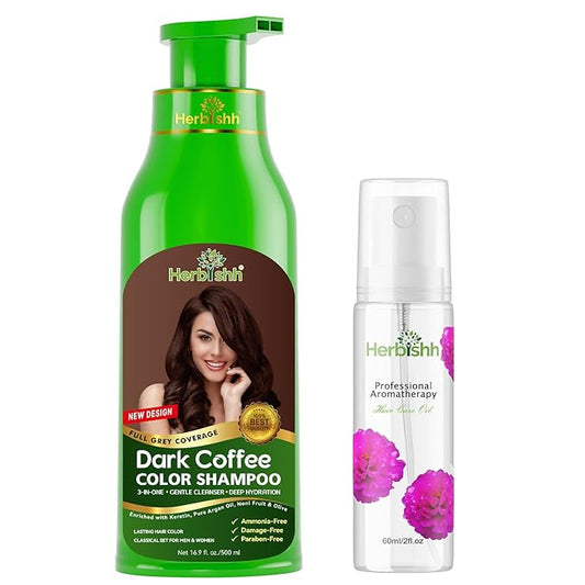 Herbishh Dark Coffee Hair Color Shampoo - 3-In-1 Magic Dye for Gray Hair 500 Ml + Essential Flower Hair Oil - Organic Formula for Dry, Damaged Hair 60 ML
