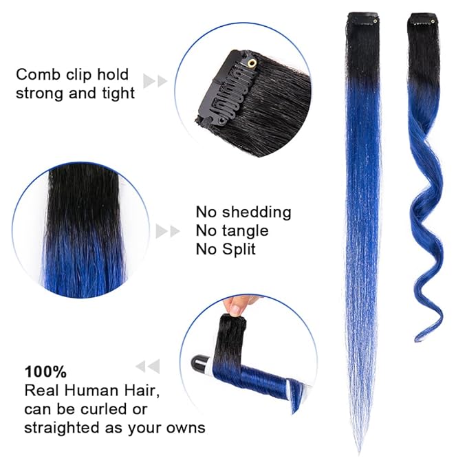 Winsky Blue Ombre Clip in Colored Hair Extensions 100% Real Human Hair - Hairpiece for Women Clip on 5 Pieces/set (18 Inch,1B-Blue)