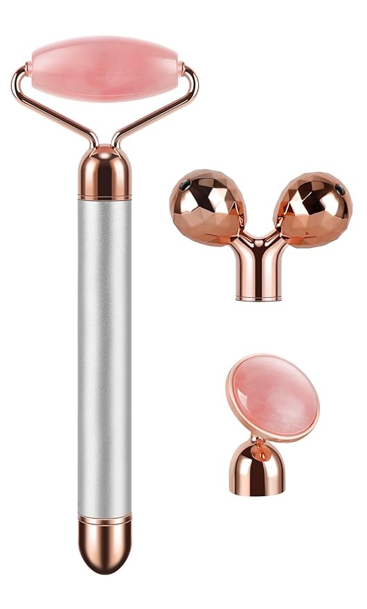 3-IN-1 Electric Jade Roller 3D Roller Facial Roller & Face Massager, Rose Quartz