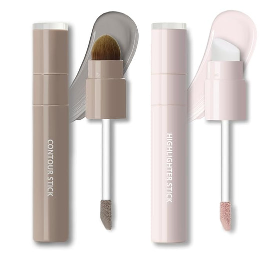 2Pcs Cool Toned Liquid Contour and Highlighter Stick, Blendable Lightweight Cold Grey Bronzer Contouring Smooth Brightening Illuminator Face Shaping Makeup Kit, Long-Lasting and Matte Finish