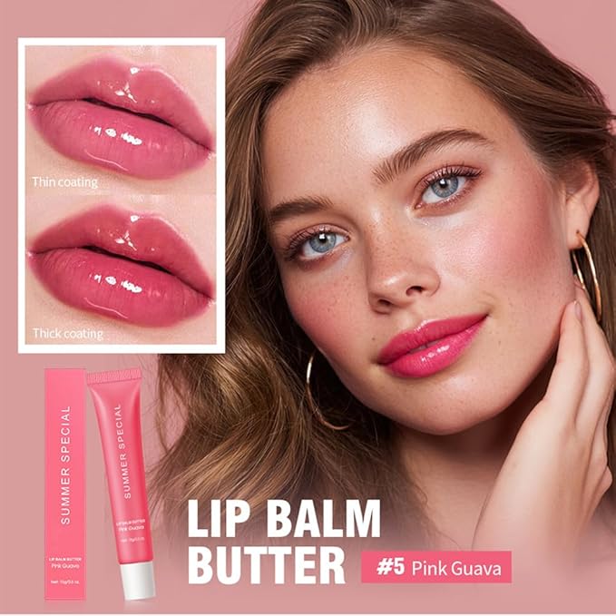 Summer Lip Glossy Butter Balm, Instant Moisture Pink Tint, Non-Sticky, Conditioning Formula to Soothe & Repair Dry, Chapped Lips, Jelly Lip Stain with Natural Scent (#5Pink Guava, 1Pc)