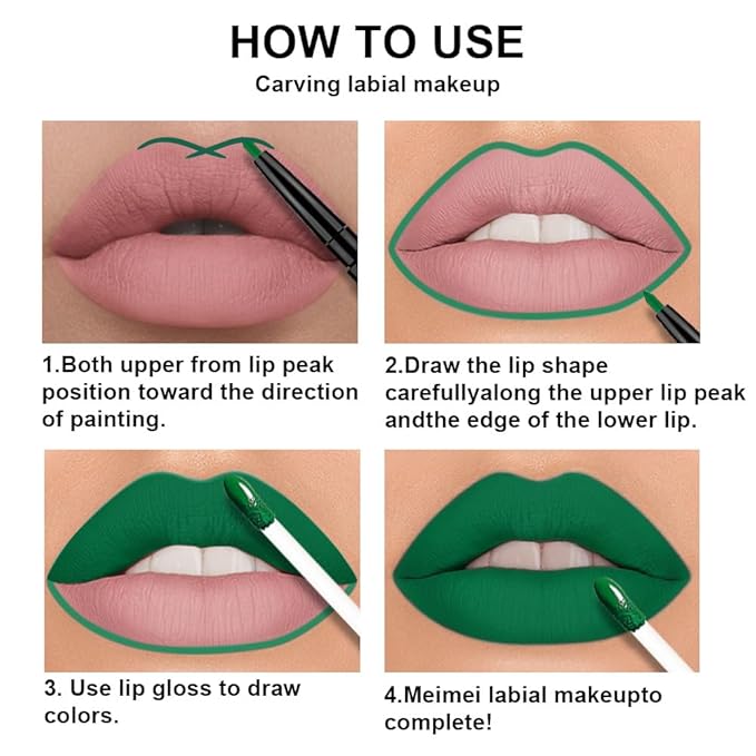 3Pcs 2 in 1 Green Matte Shimmer Lip Liner and Liquid Lipstick Stain Makeup Set for women, Long Lasting Smudge Proof Lip Tint Matte Finish Lip Gloss for All-Day Color Hold Easy to Use, Set25