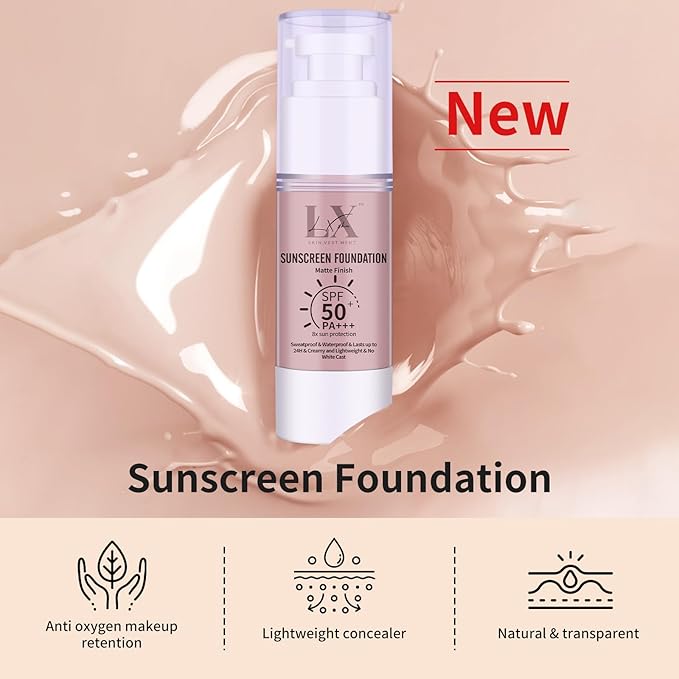 Tinted Face Sunscreen - Waterproof & Lightweight Liquid Foundation with SPF 50++, 3-in-1 Full Coverage Foundation Smooths & Blurs Pores, 301 Medium