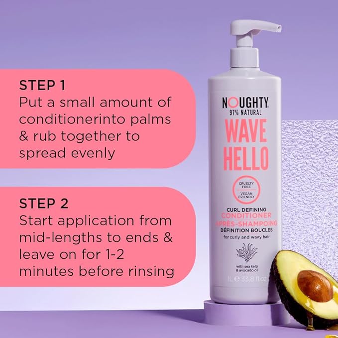 Noughty 97% Natural Wave Hello Curl Defining Conditioner to Condition Enhancing Soften and Define Curls with Sea Kelp Extract and Avocado Oil Sulfate Free Vegan Haircare 33.8fl.oz