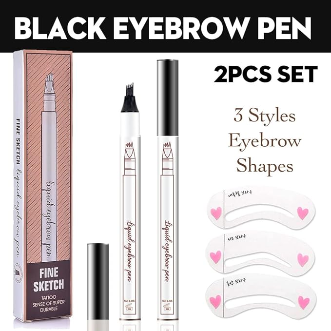 2 Pcs/Set 3D Eyebrow Pencil - Eye Makeup Micro 4 Point Brow Pen Lift & Snatch Eyebrow Pen Kits with 3 Eyebrow Stencil Long-Lasting Waterproof Natural Eyebrow Hair (4# black)