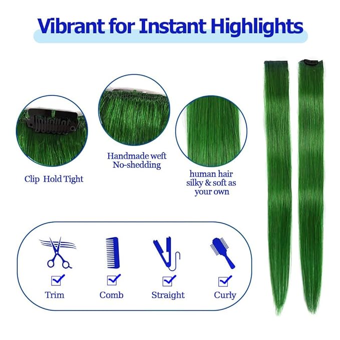 Winsky Green Clip in Hair Extensions 100% Real Human Hair - Straight Highlights Colored Clip on Christmas Hairpieces 5 Pieces/Set (18inch, Green)