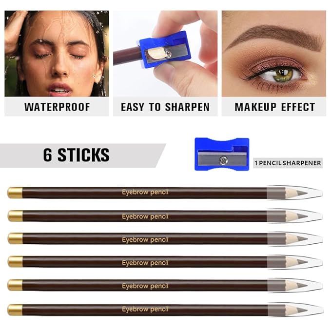 6Pcs Long Eyebrow Pencils Set, Dark Coffee Natural Look, for Eyebrows & Eyeliner,Waterproof & Sweat-Proof Wooden Hard-Core Brow Pencil with Sharpener,Long Lasting Makeup Kit for Beginners 102#