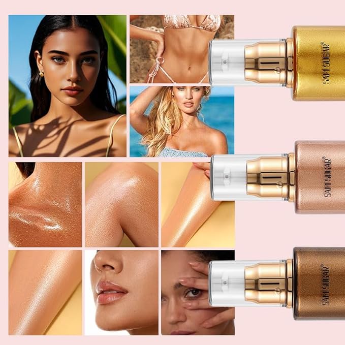 SAM SUGAR Shimmer Body Oil 3.38 Fl OZ Long Lasting Liquid Illuminator with Brush for Body Glow Illuminating Body Moisturizer 100ml Body & Face Highlighter for a Radiant Glow（02#）