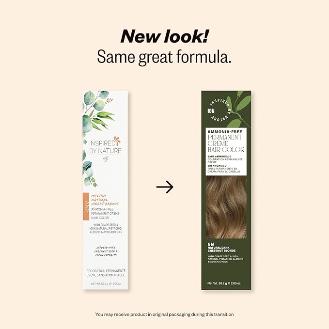ion Inspired By Nature Permanent Hair Color Natural Darkest Rich Chestnut Brown 2NN, made from 100% naturallyderived polymers, cruelty free, vegan, PPD free, recyclable packaging, 2.05 oz