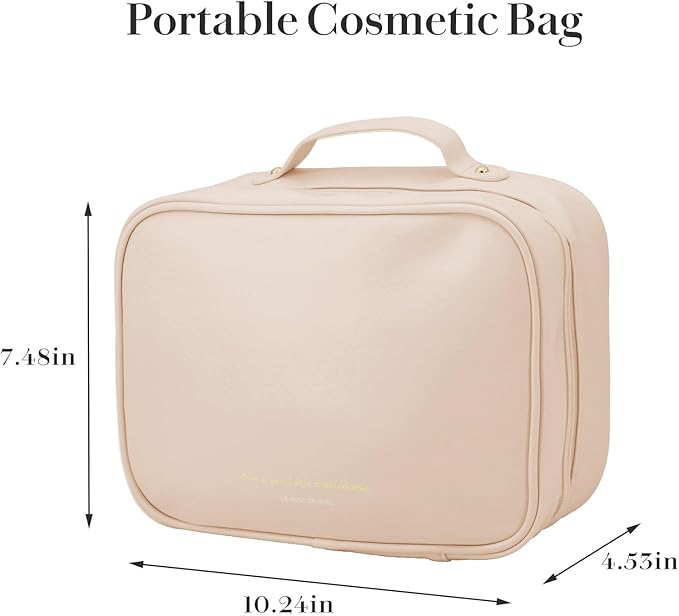 Travel Makeup Bag Large Capacity Cosmetic Organizer Waterproof Leather Toiletry Bag with Brush Holder and Handle Portable Cosmetic Storage Bag for Women Girls Gift - Pink