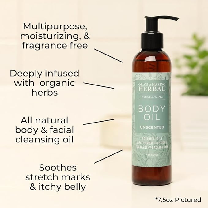 Ora's Amazing Herbal Unscented Body Oil, Fragrance Free Massage Oil with Pump, Moisturizing Body Oils for Men and Women, Herbal Infused Grapeseed Jojoba & Apricot with Calendula, 7.5 Fl Oz