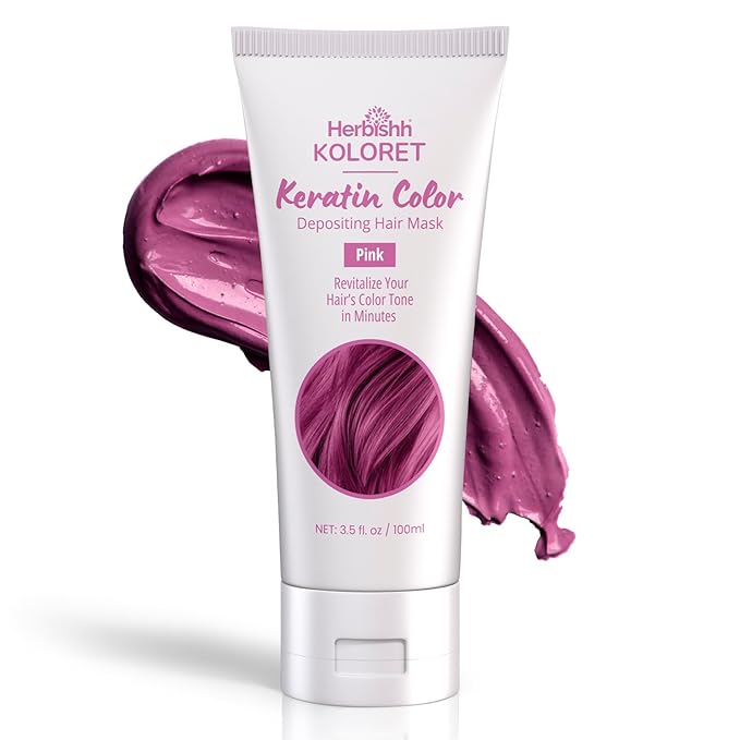 Herbishh Koloret Keratin Color Depositing Mask - 2-in-1 Deep Conditioner for Vibrant Refreshed Hair, Ideal for Dry Damaged Types, Salon-Worthy Shine at Home, Pink, 3.5 fl.oz
