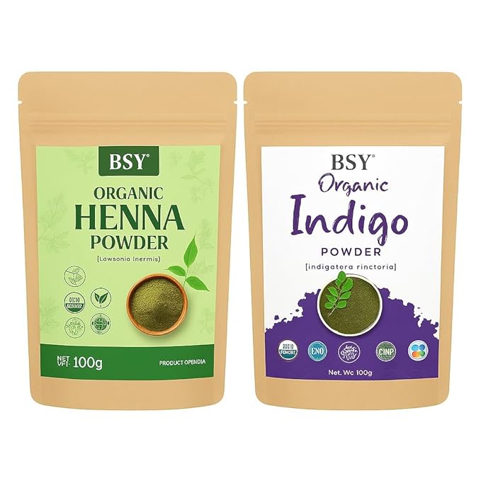 BSY Organic Henna and Indigo Powder for Hair - 100% Natural 0.4 lb (200g) Combo for Black Hair Color, Henna Hair Color & Indigo Powder Blend