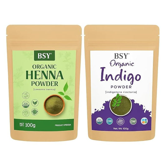 BSY Organic Henna and Indigo Powder for Hair - 100% Natural 0.4 lb (200g) Combo for Black Hair Color, Henna Hair Color & Indigo Powder Blend
