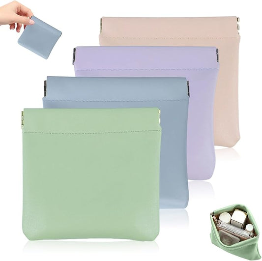 4Pcs Personalized Snap Closure Leather Organizer Pouch, Lambskin Pocket Cosmetic Bag, Portable Self-Closing Small Makeup Bag for Purse Women Mini Travel Coin Storage Pouches