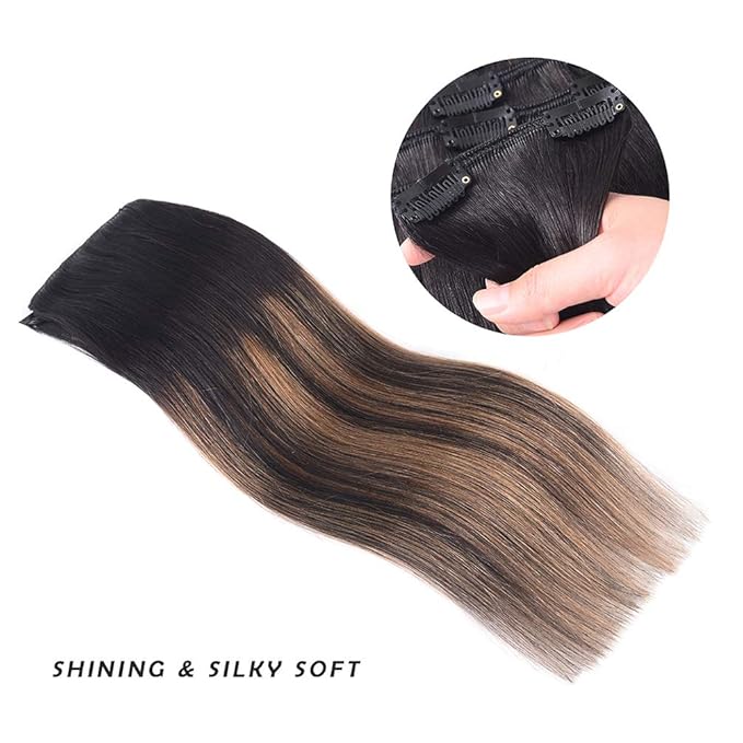 20" Hair Extensions Balayage Clip in Human Hair for Women - Silky Straight Natural Black to Chestnut Brown Highlight Black Ombre Hair 75grams 4pieces #(1BT6) P1B Color